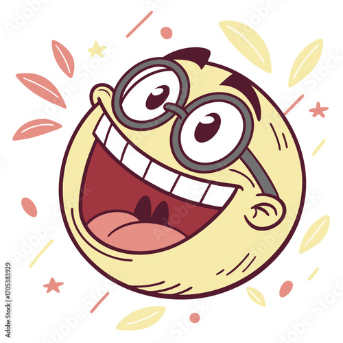 Vector art of cartoon illustration of a happy face with glasses surrounded by leaves and stars