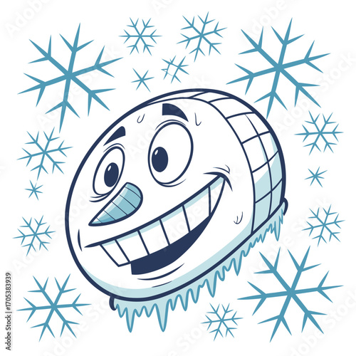 Vector art of cartoon illustration of a melting igloo head with a happy expression, surrounded by snowflakes