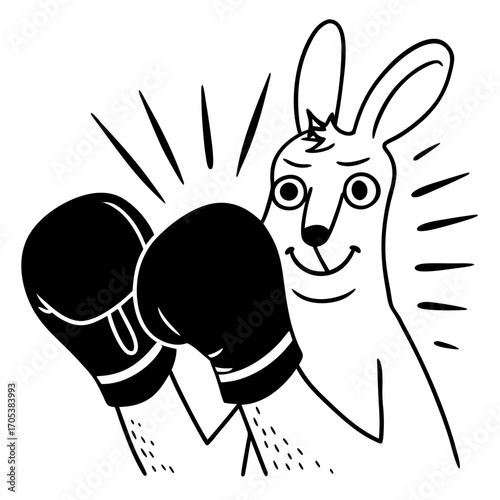 Vector art of cartoon kangaroo wearing boxing gloves and ready to fight in black and white, with a determined expression