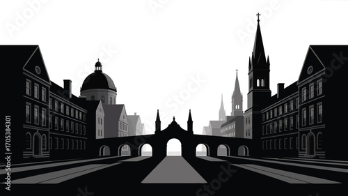 European Cityscape Silhouette with Bridge and Buildings Vector Illustration Art