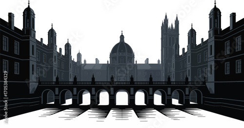 Architectural Marvel Vector Illustration of a Grand Building with Arched Bridge and Towers