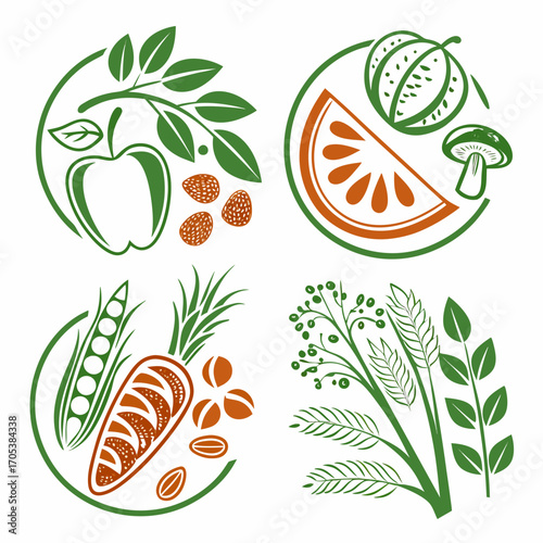 Vector art of collection of organic food icons, representing healthy eating and sustainable agriculture practices