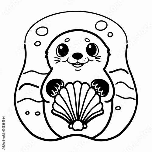 Vector art of cute baby seal holding a seashell, adorable marine animal coloring page for kids and toddlers