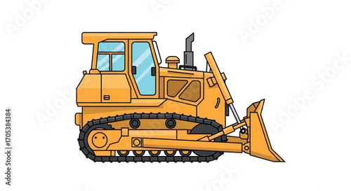 Yellow bulldozer construction vehicle isolated on white background.