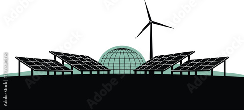 Renewable Energy Landscape Vector Illustration with Solar Panels and Wind Turbine