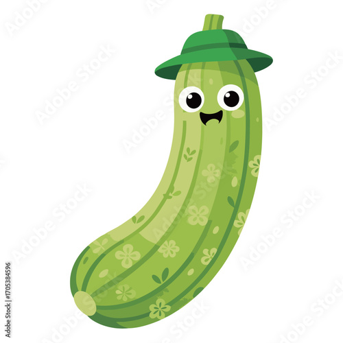 Cute zucchini cartoon character with a happy face and a green hat.
