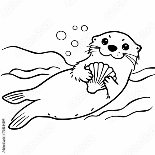 Vector art of cute otter holding a seashell in the sea, adorable marine animal coloring page for kids and toddlers