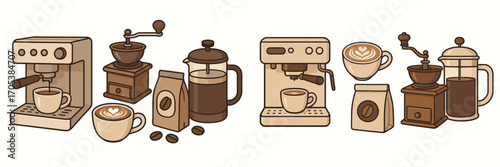 Coffee brewing tools and drinks, espresso machines, grinders, cups, and latte art