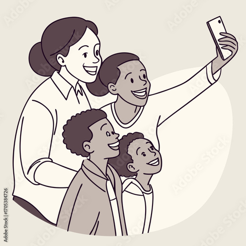 Vector art of diverse family taking selfie, celebrating unity and creating cherished memories with smiles and togetherness