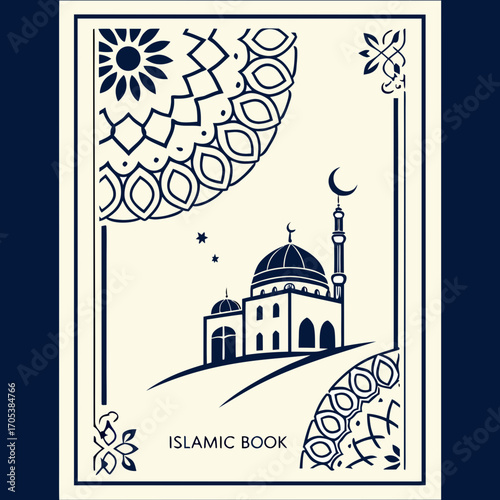 Vector art of elegant islamic book cover design featuring a mosque and intricate geometric patterns