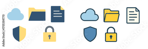 Cloud storage, document, shield, and padlock icons for data security and management