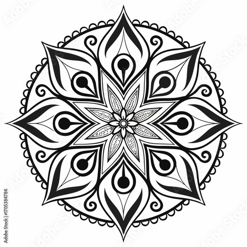 Vector art of elegant mandala design, radiating symmetry and intricate patterns, perfect for coloring books and spiritual art