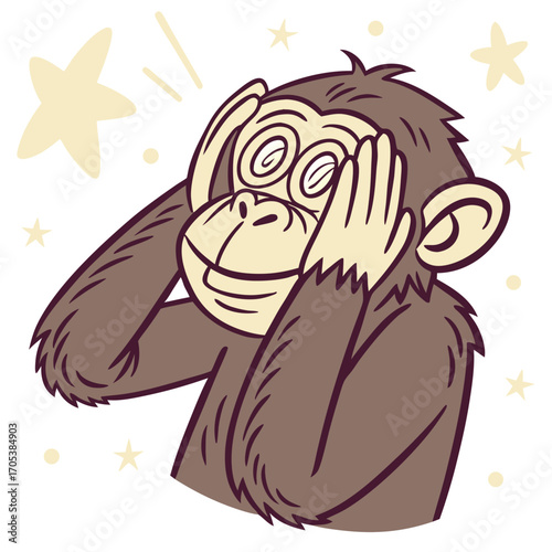 Vector art of funny monkey cartoon character covering eyes with hands, expressing shock and disbelief in a comical way