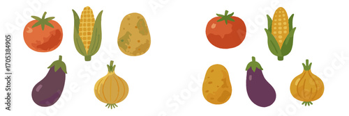 Assortment of fresh vegetables: tomatoes, corn, potatoes, eggplants, onions