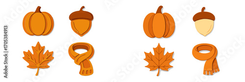 Autumn harvest symbols: pumpkins, acorns, maple leaves, and scarves