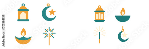 Islamic cultural symbols and festive lights with crescent moon, star, and lanterns
