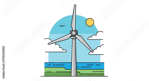 Wind turbine generating clean energy in a natural landscape.