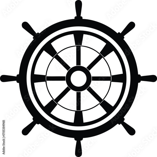 Nautical Vessel's Steering Mechanism A Classic Mariner's Wheel in Striking Black and White Minimalist Design for Maritime Enthusiasts