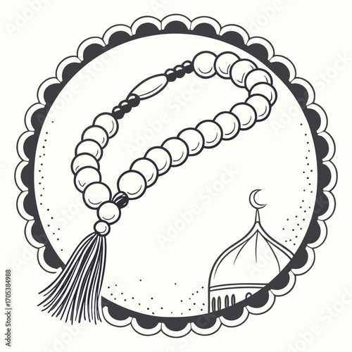 Vector art of hand drawn tasbih with mosque dome, a traditional islamic prayer beads illustration