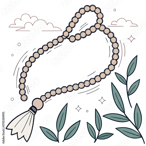 Vector art of hand drawn tasbih with leaves and clouds, a traditional islamic prayer beads illustration on