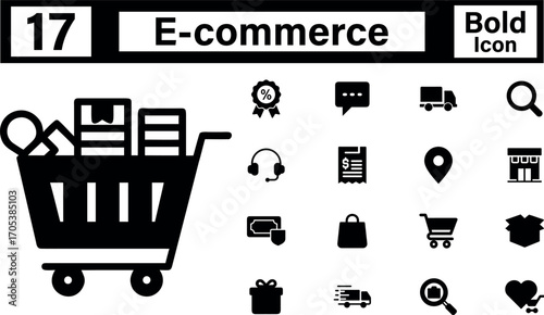 Set of bold ecommerce icons including a shopping cart filled with boxes, delivery trucks, store, gift, credit card, headphones, and search magnifying glass, isolated on transparent  background