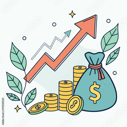 Vector art of investment growth illustration, showcasing a dynamic upward trend with money bag, coins and leaves