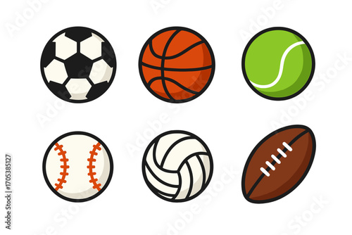 Variety of essential sports balls for athletic activities and team games including soccer, basketball, tennis, baseball, volleyball, and American football