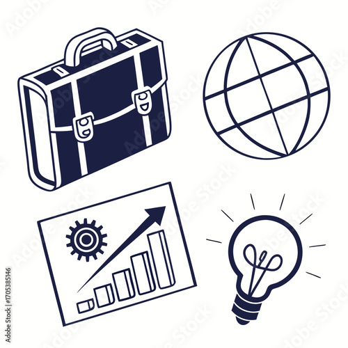 Vector art of isometric business and finance icons representing briefcase, globe, bar chart, light bulb