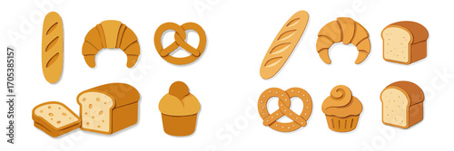 Assorted baked goods: bread, croissants, pretzels, and cupcakes