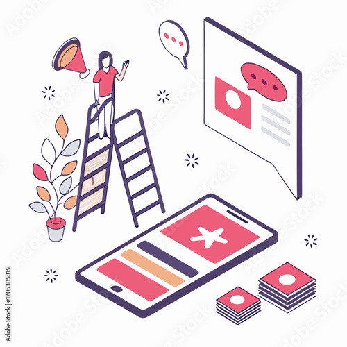 Vector art of isometric social media marketing strategy, a modern illustration for digital campaign