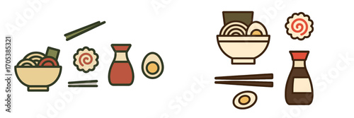 Japanese ramen noodle soup bowl with chopsticks and soy sauce