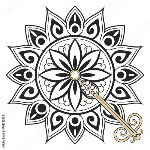 Vector art of mandala with key, a symmetrical and decorative design with floral elements, unlocking spiritual or creative potential