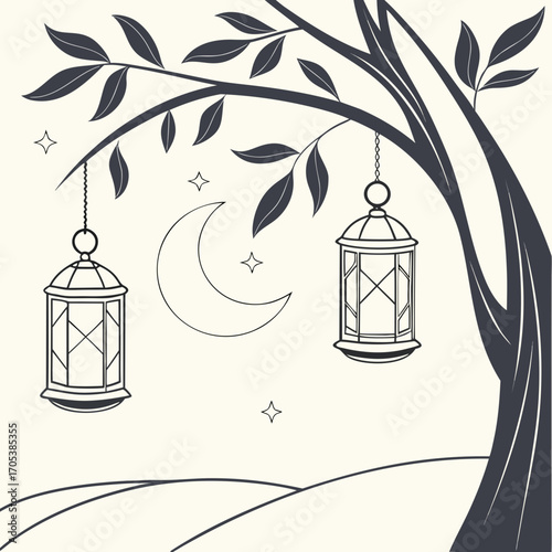 Vector art of monochrome illustration of lanterns hanging from a tree branch with a crescent moon