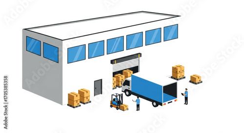 Warehouse logistics and delivery truck loading with forklift.
