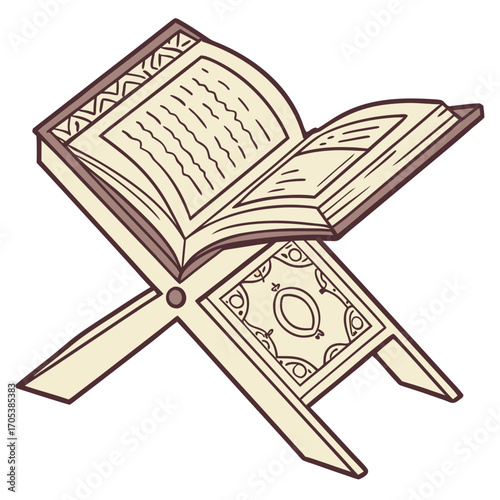 Vector art of open quran on a wooden rehal, showcasing the holy book of islam with geometric pattern