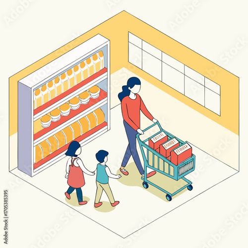 Vector art of mother and children shopping for groceries at the supermarket isometric vector illustration