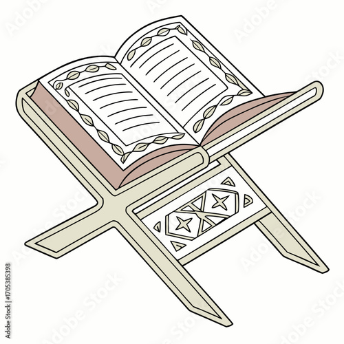 Vector art of open quran on a wooden rehal, showcasing the holy book of islam with decorative leaf pattern