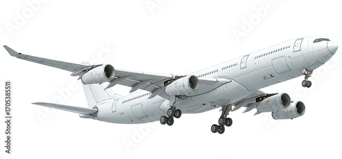 Large white airplane in flight,  wings outstretched, landing gear deployed