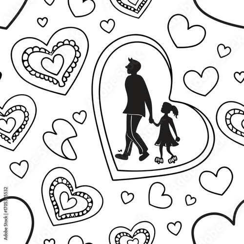 Vector art of seamless pattern with father and daughter walking in heart shape for fathers day celebration