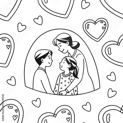 Vector art of seamless pattern with mother and children in heart shape for mothers day celebration