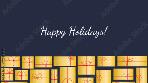 Horizontal banner with wrapped gifts and congratulation text. Happy holidays lettering. Universal design for congratulation, vector, graphic