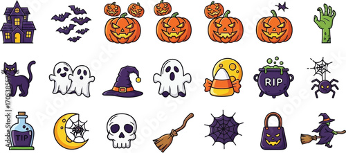 Halloween vector icon set with pumpkins ghosts witches and more