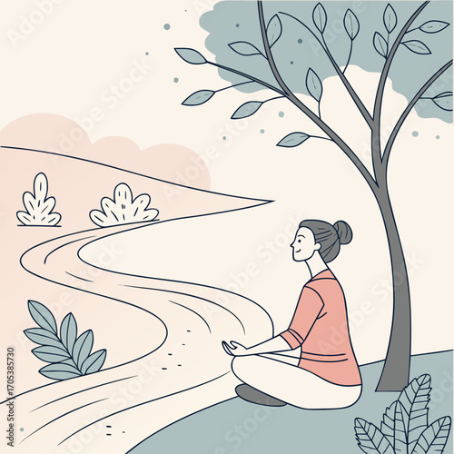 Vector art of woman meditating in nature near tree and winding road, finding inner peace and mindfulness in tranquil environment