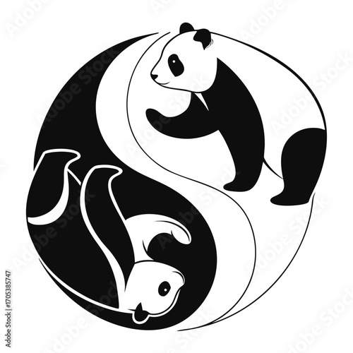 Vector art of yin yang symbol with panda bear, representing balance and harmony in black and white design