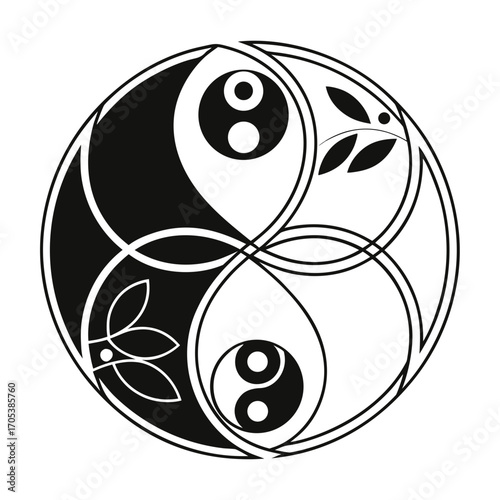 Vector art of yin yang symbol with floral and leaf elements, representing balance and harmony in nature design