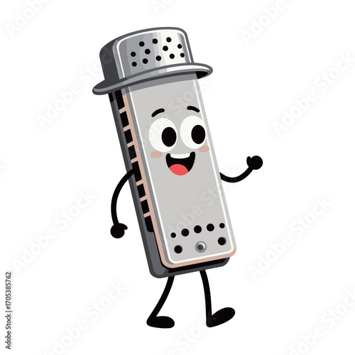 Cute harmonica cartoon character with a happy face playing music.