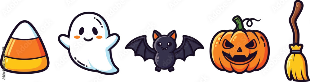 Fototapeta premium A cute and colorful collection of halloween icons, featuring candy corn, ghost, bat, pumpkin, and broom