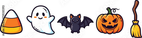 A cute and colorful collection of halloween icons, featuring candy corn, ghost, bat, pumpkin, and broom