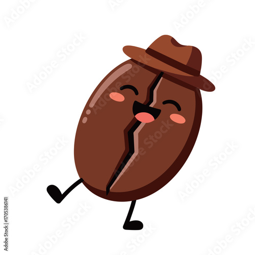 Cute cartoon coffee bean mascot with a happy face and a stylish hat. Roasted coffee seed character smiling and walking.