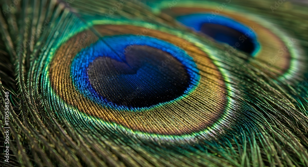 Fototapeta premium Exotic Peacock Eye Feathers Pattern,Vibrant Peacock Feather Background Texture, Close-Up of Iridescent Peacock Feathers, 